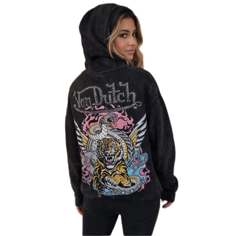 Von Dutch Rhinestone Full-zip Acid-washed Oversized Hoodie